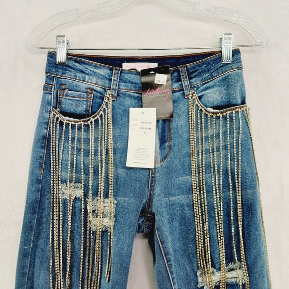 New Hot & Delicious Denim Rhinestone Fringed Skinny Jeans P6577 - Picture 3 of 10